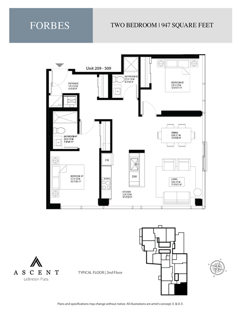 Floor plan for 2 beds, 2 baths, 947 sqft
